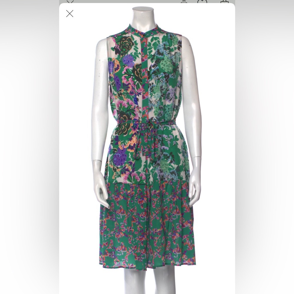SALONI Green and White Pleated Midi Dress Mock Neck